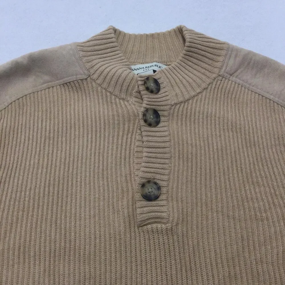 Banana Republic Sweater Mens 2XL Beige Henley Mock Neck Suede Elbow Patches Knit